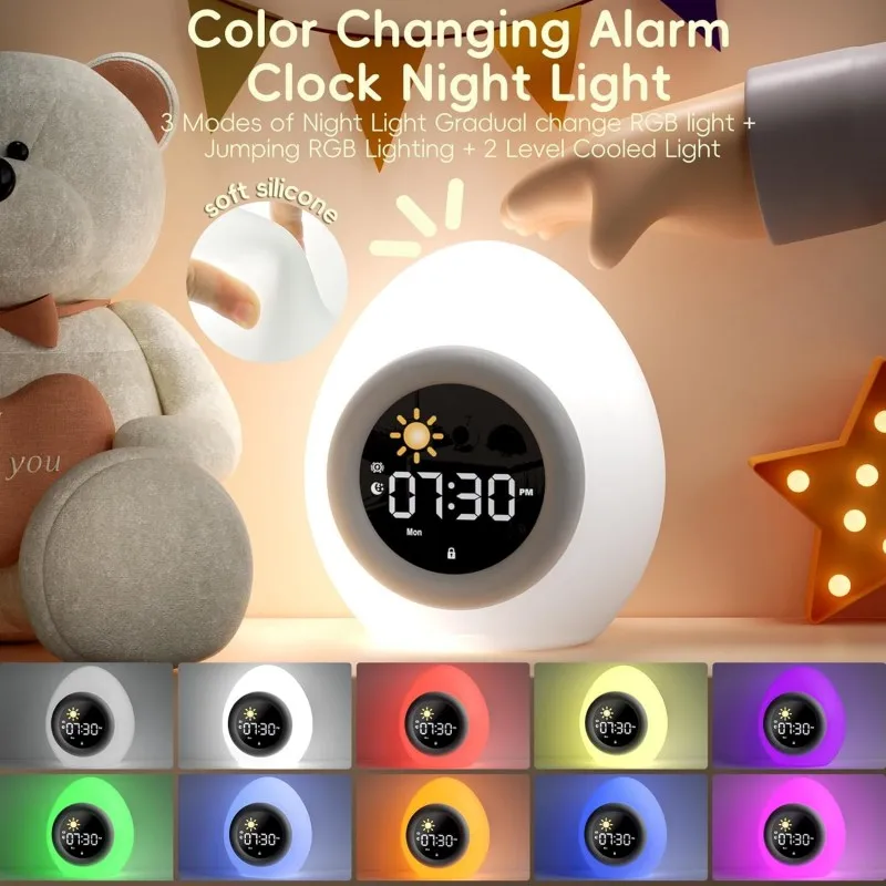 Réveil Bluetooth Enfant – Veilleuse 3 Niveaux, 6 Sons Apaisants, Alarme Douce, USB-C – Idéal Pour Chambre