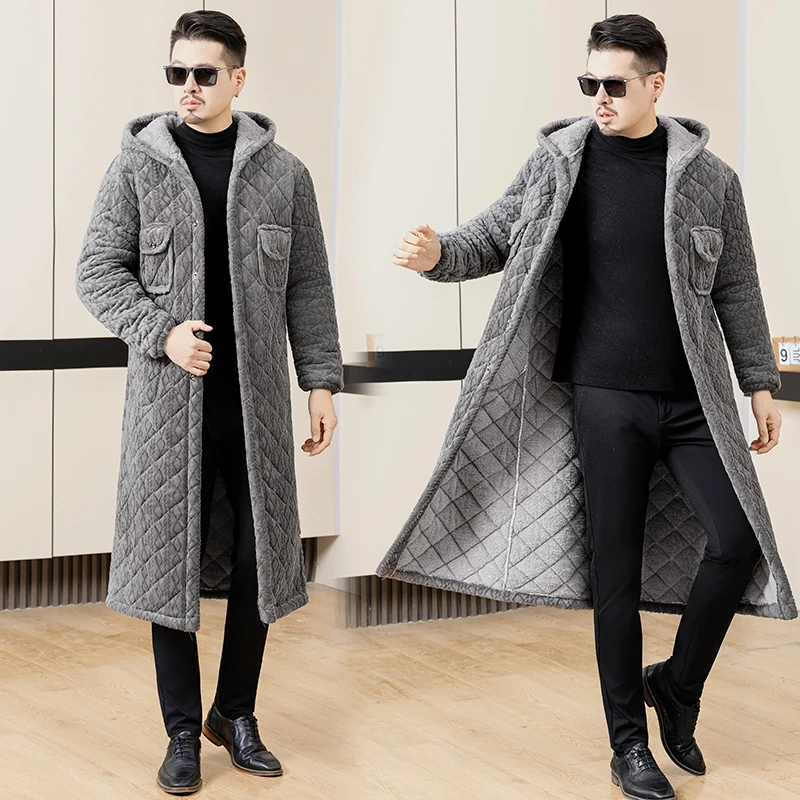 سترة قطنية رجالية للمنزل، معطف عمل مبطن بالفرو، طويل بغطاء للرأس، أنيق وعصري بأسلوب المدينة، مناسب للأعمال والملابس غير الرسمية #2