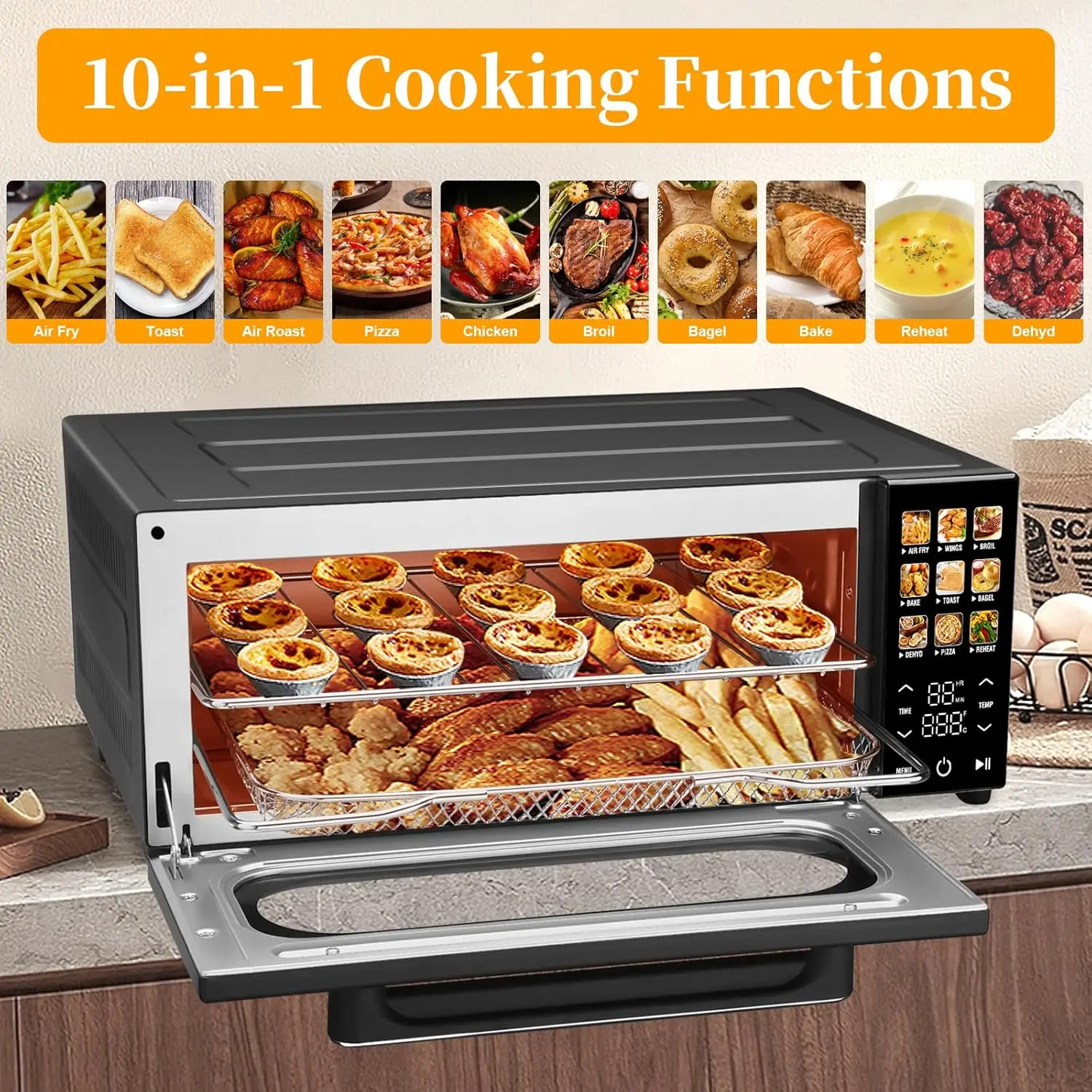 فرن محمصة حرارية 10 في 1، 15 لتر، 1800 وات، شاشة LCD تعمل باللمس، مقلاة هوائية، مجفف، 4 ملحقات، أسود #4