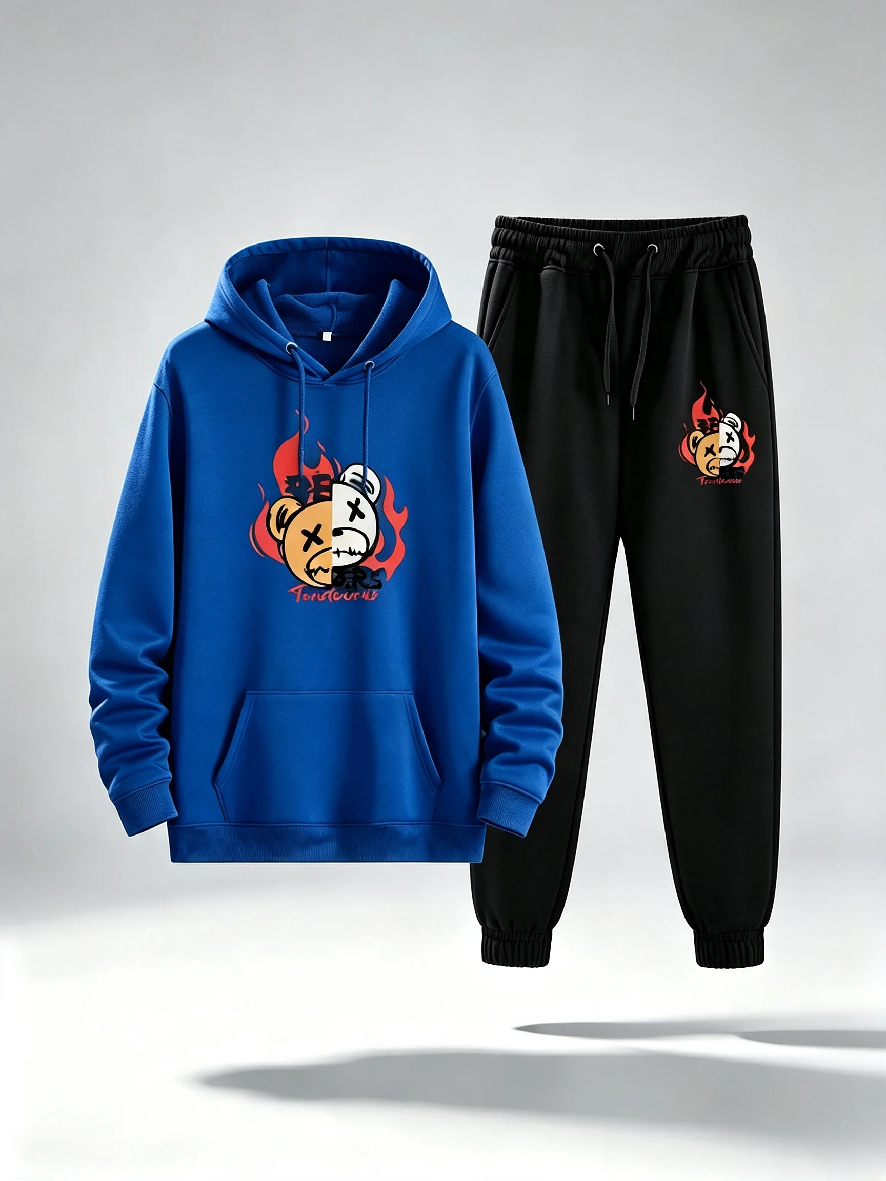 2026 Men's Bear Pattern Hooded Sweatshirt and Jogging Pants Set, Trendy Elasticated Sports Wear