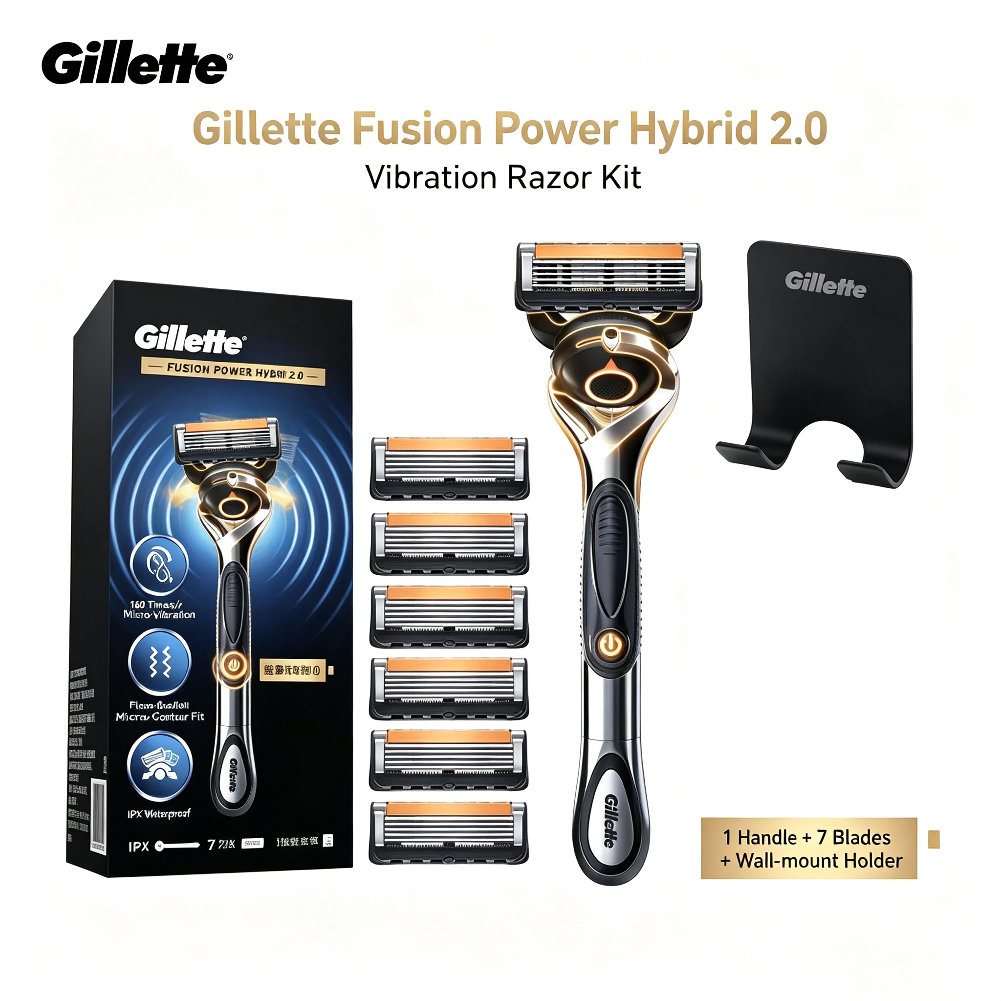 Gillette Fusion Power Hybrid 2.0 Men Shaver 5-Layer Blade with Rear Trimmer Vibration Razor 7pcs Blades Wall-mount Holder