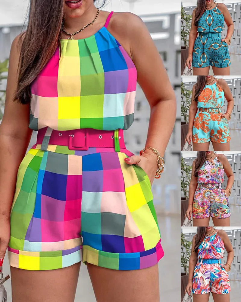 Conjunto de dos piezas con tirantes y pantalones cortos para mujer, traje de dos piezas con estampado a la moda, S-XXXL Sexy para mujer 2023