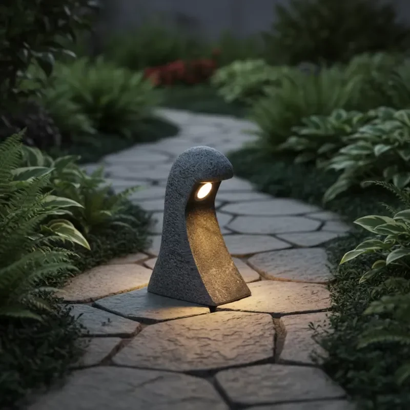 Wholesale Outdoor Modern Garden Landscape Decoration Hand Carved Natural Granite Curved Stone LED Path Light