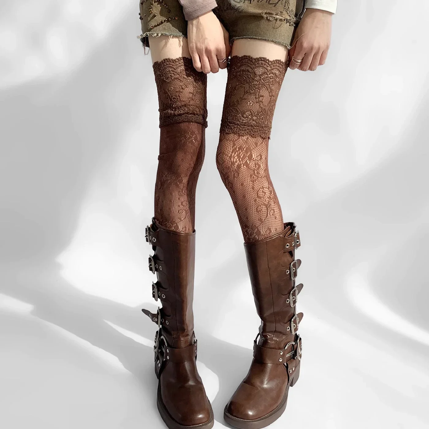 2025 Women Flower Lace Fishnet Thigh High Stockings Japanese Style JK Girl Sweet Lace Trim Frilly Over Knee Long Socks image 3