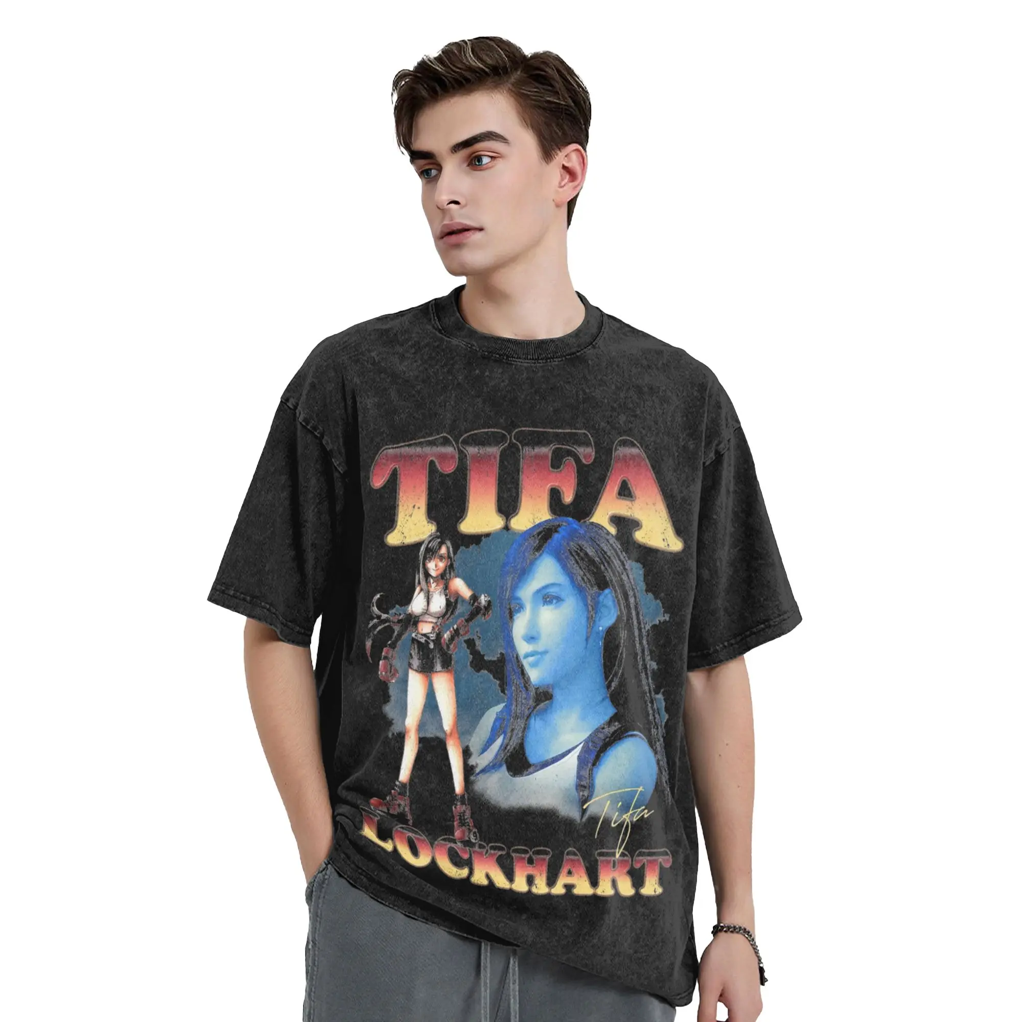Print Tifa Lockhart Vintage Finals Fantasys 7 Washed Tshirts For Men Women Round Neck Short Sleeve Tops  Cotton Summer Tops