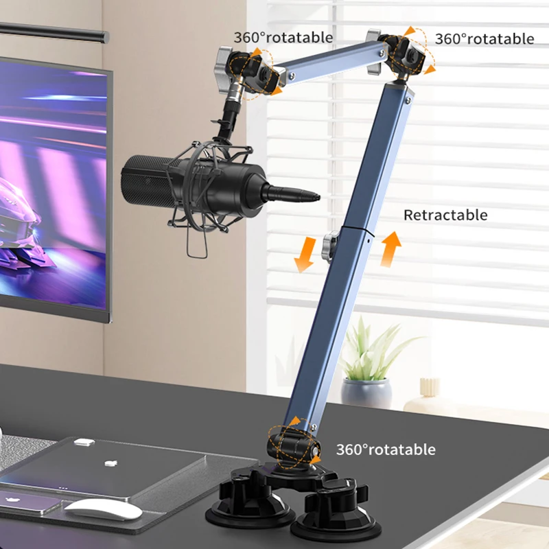 Adjustable Microphone Boom Arm Extended Riser with Suction Cup Base Mic Desktop Stand Holder for Gaming Podcasting Youtube