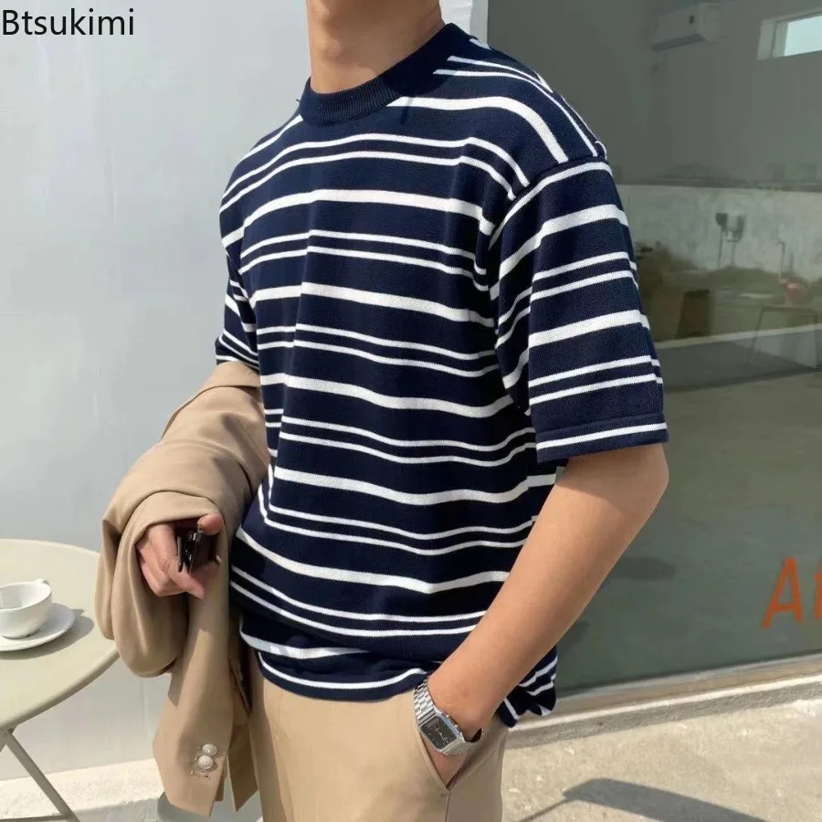 الصيف موضة تنوعا الحياكة س الرقبة تي شيرت للرجال عادية فضفاض قصيرة الأكمام بلايز الرجال مخطط شخصية الملابس اليومية #2