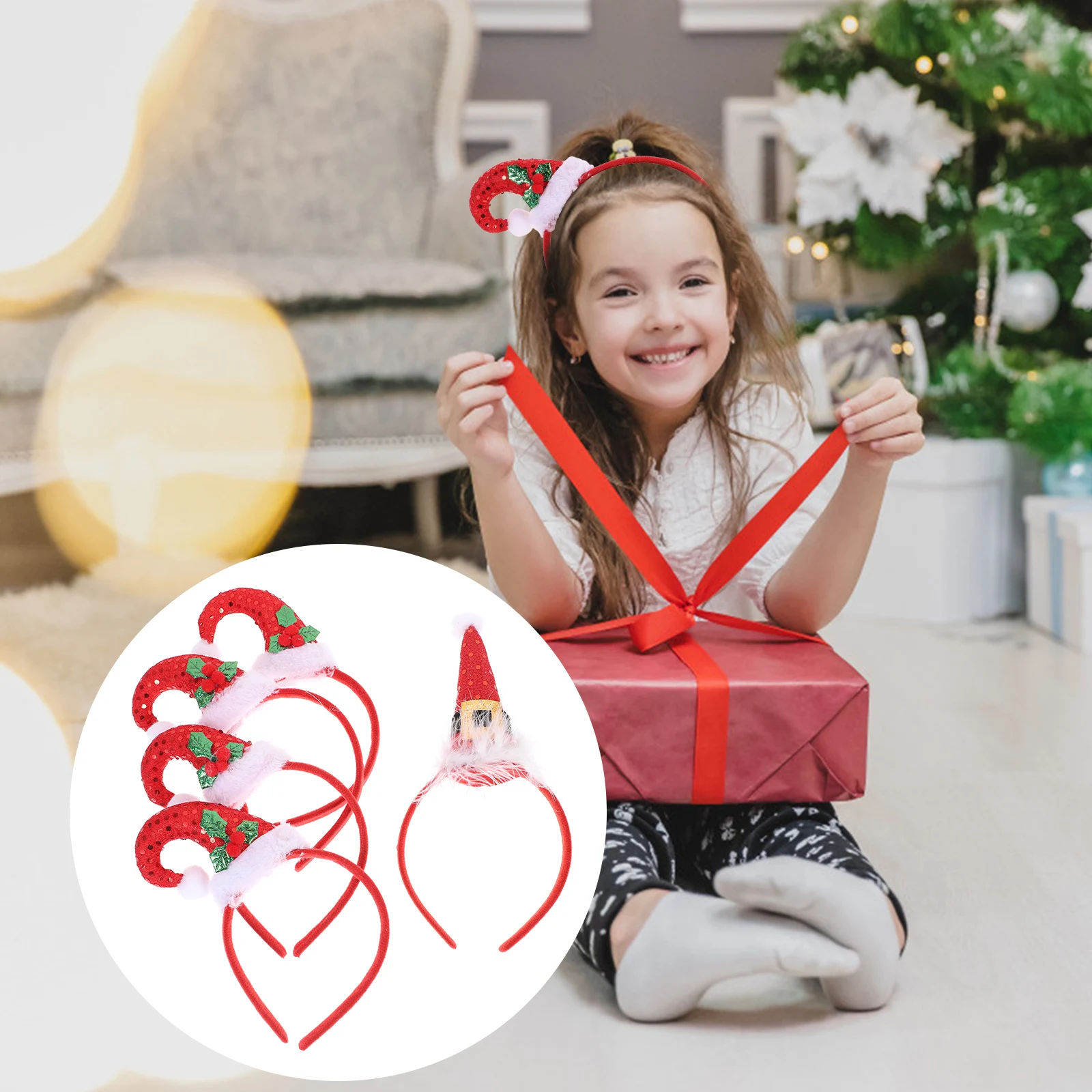 

5pcs Christmas Hair Band Cone Santa Hat Headband Xmas Party Accessory Mini Hat Hair Hoops Costume Decoration Gift For School