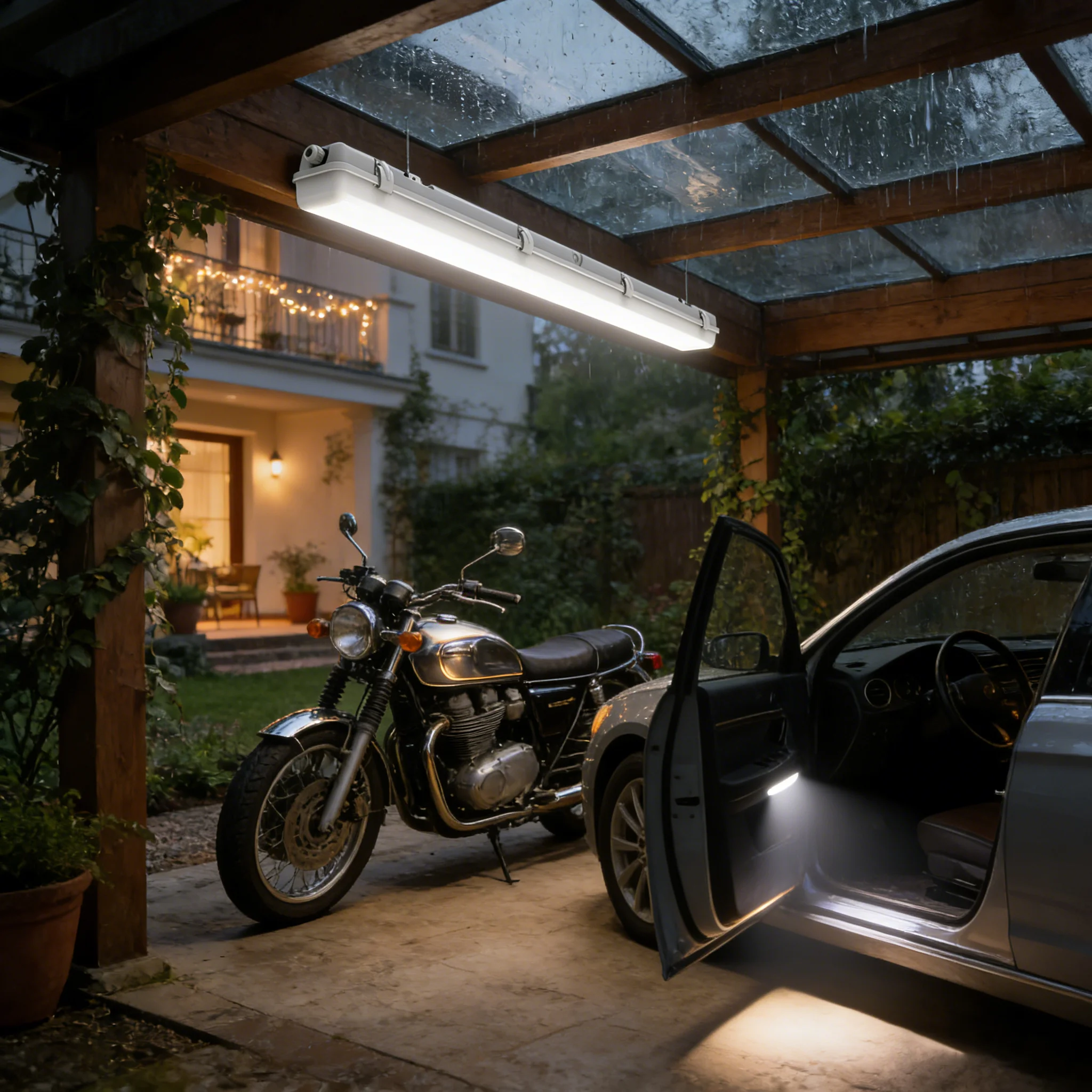 

4FT Tri-Level Motion Sensor LED Waterproof Emergency Light Battery Backup IP65 40W 5000lm 5000K Dimmable Outdoor for Carport FCC