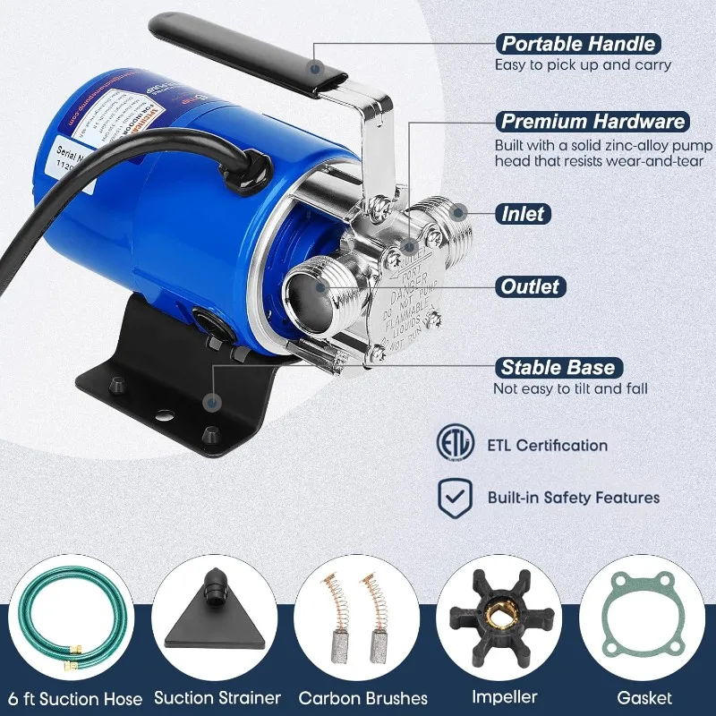 HOME.Waterpomp, 115V 1/10HP 330GPH wateroverdrachtspomp, met AAN/UIT-schakelaar en zuigslangset.