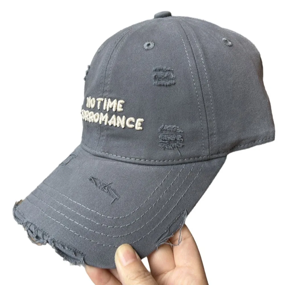 

Adjustable Ripped Baseball Cap Korean Alphabet Embroidery Letter Baseball Hat Washed Cotton Vintage Snapback Cap Men Women