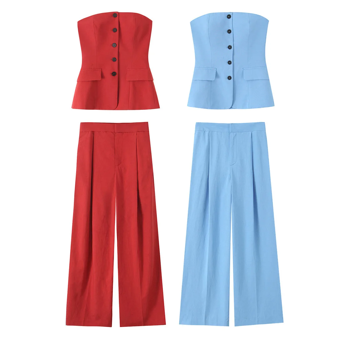 

Women 2-Piece Pant Set Fashion Single-Breasted Tube Top Vest+High Waist Sleeveless Pockets Pleated Casual Wide-Leg Pants Suit