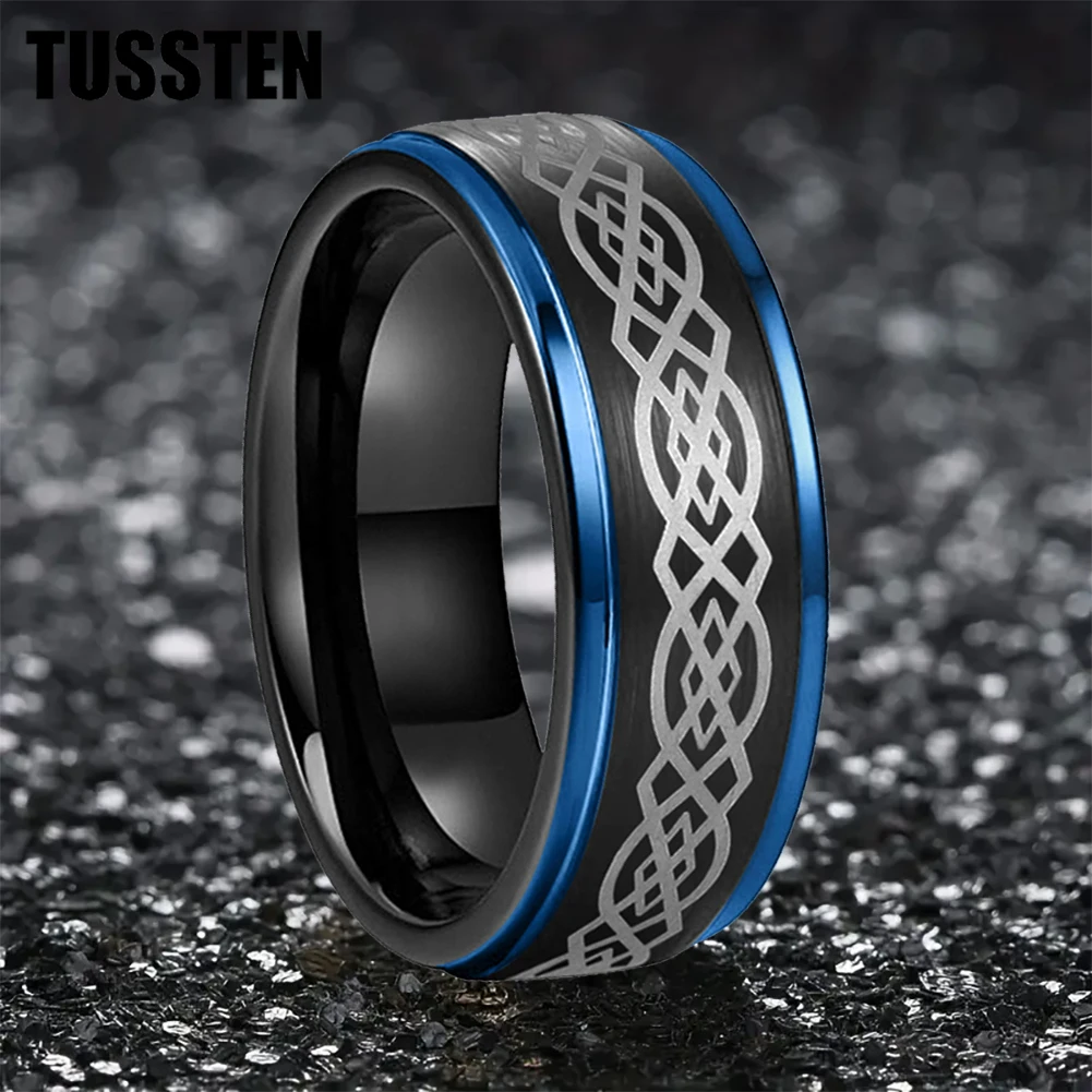 

Dropshipping TUSSTEN 8MM Tungsten Carbide Wedding Band Laser Engraved Celtic Knot Pattern Brushed Steped Edges Comfortable Fit