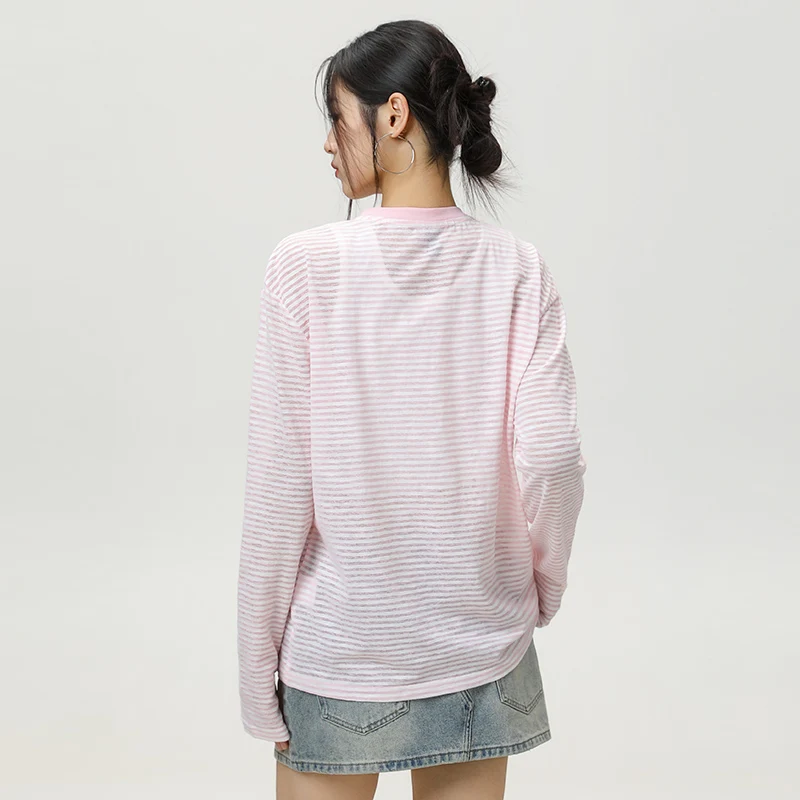 Women's Spring/Summer Striped Knit Top – Casual Round Neck Long-Sleeve Pullover with Button Detail for Daily Wear & Layering