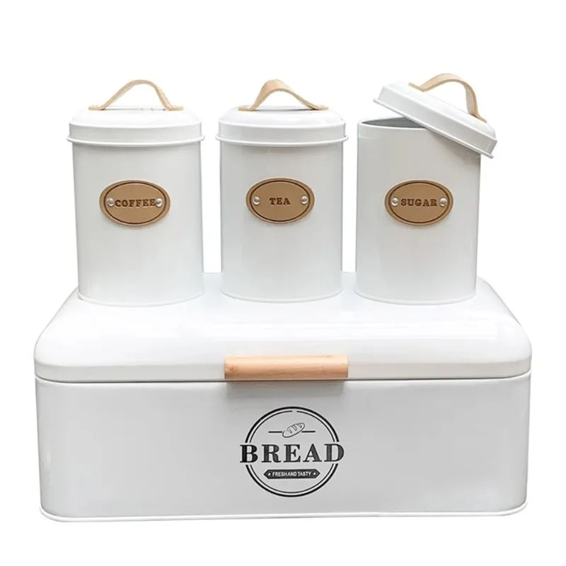 

Rustic Style White Large Bread Box with 3 Pieces Canisters Set for Kitchen Counter Extra Large, Farmhouse Decor