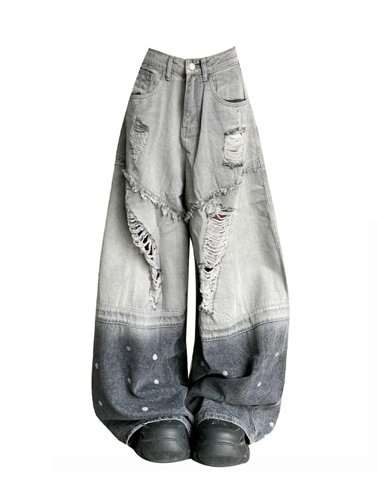 

Женские серые мешковатые рваные джинсы Y2k в японском стиле 2000-х годов, джинсовые брюки с градиентом, винтажные широкие брюки в стиле Харадзюку в стиле хип-хоп, одежда