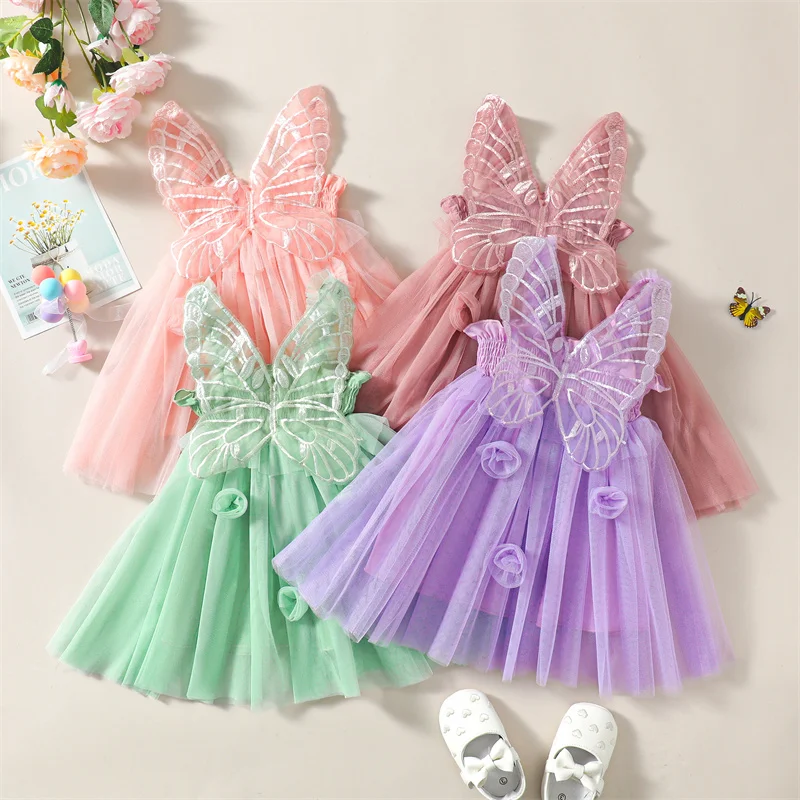 2023-05-16 Lioraitiin 0-4Years Butterfly Wings Girl Fairy Dress First Birthday Dress Flower Wedding Dress