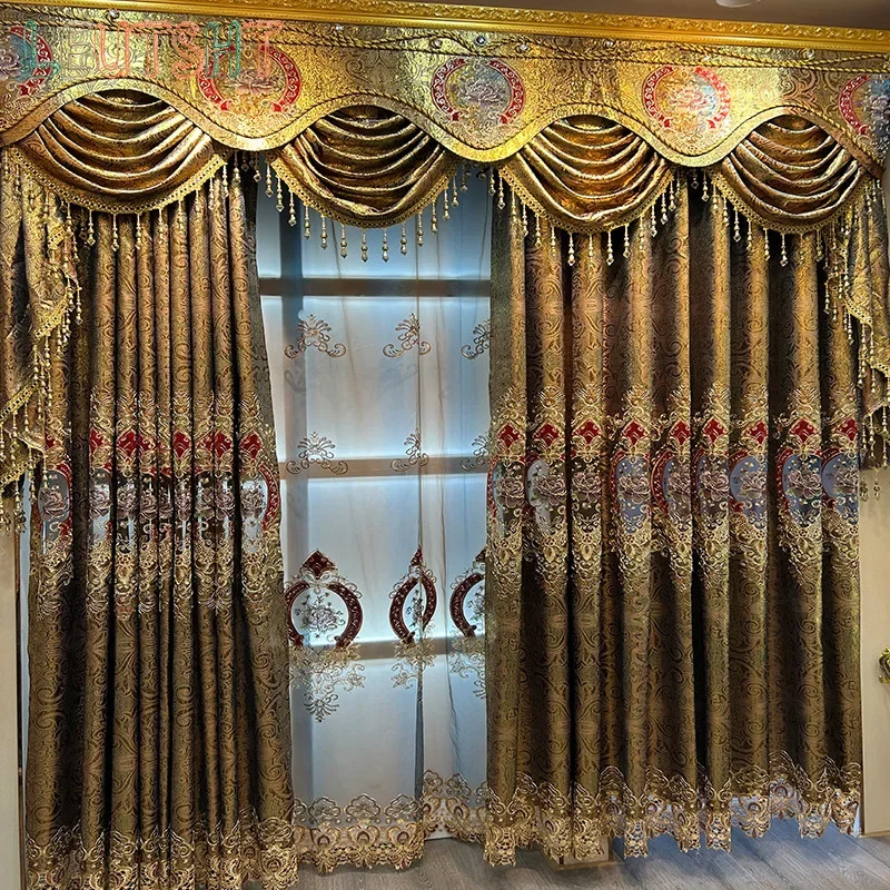 New Blue Stamped Embroidered Jacquard Curtains for Living Room Bedroom Villa Customized Home Decoration Finished Valance