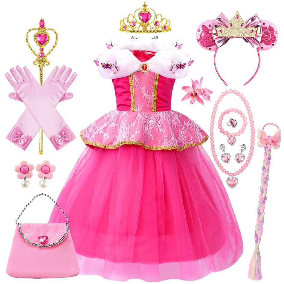 Girls Sleeping Beauty Cosplay Princess Dress Aurora Butterfly Fancy Kids Costume Children Halloween Carnival Party Ball Gown