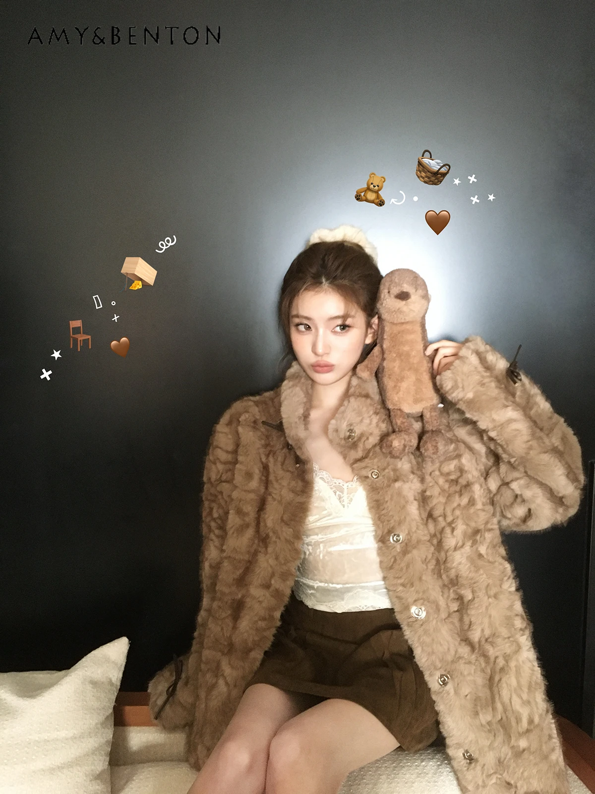 

2025 Autumn Winter New Stand Collar Brown Bow Lamb Wool Coat Women Loose Casual Soft Sheepskin Eco-Friendly Fur