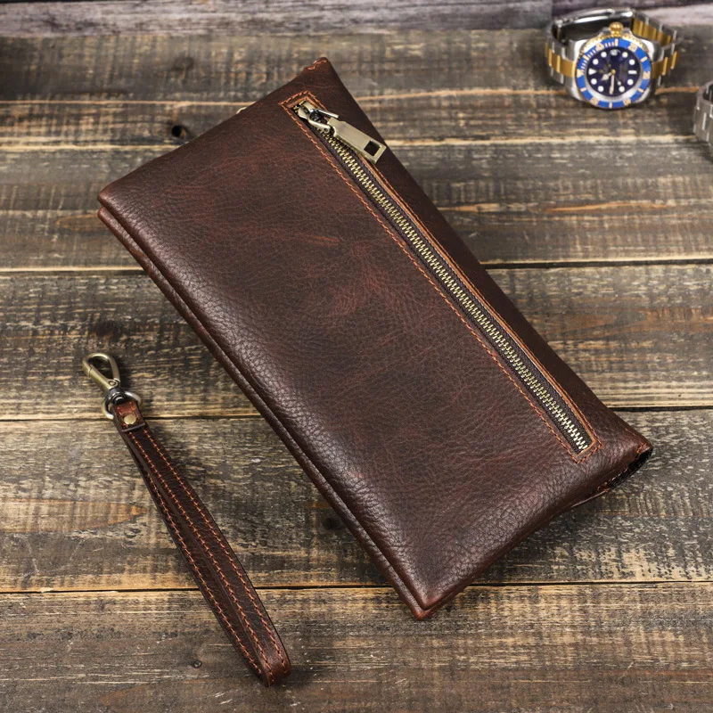

HTS-MC1020 Men's Bag, Retro Crazy Horse Leather Handbag, Casual Multifunctional Bag with Wrist Strap and Grab Bag