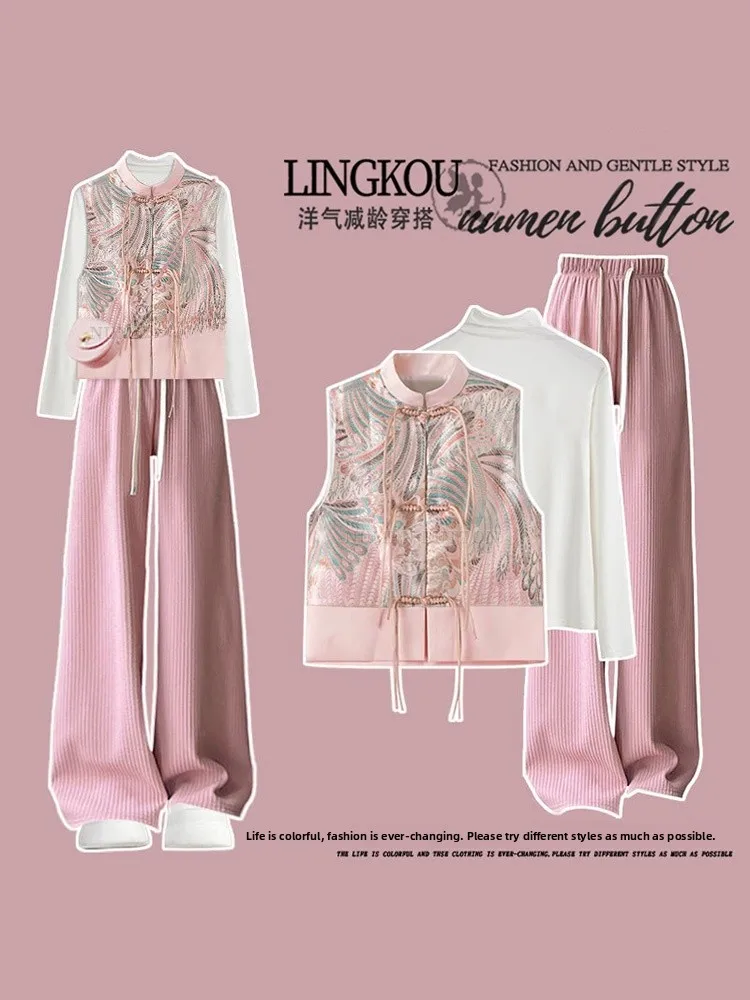 

Новый комплект в китайском стиле из трех предметов: женский ретро-жилет, базовая рубашка и повседневные брюки с высокой талией для коррекции фигуры