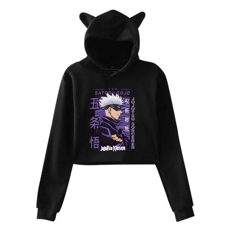 New Anime Hoodie Fashion Women Cat Ears Cropped Hoodie Gojo Satoru Casual Long Sleeve Hooded Sweatshirt Pullover Tops