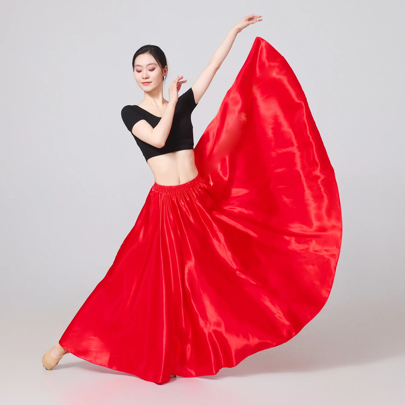 여성용 강화 새틴 롱 스커트 신축성있는 허리 밴 볼룸 롱 라틴 밸리 댄스 풀 서클 댄스 스커트 퍼포먼스