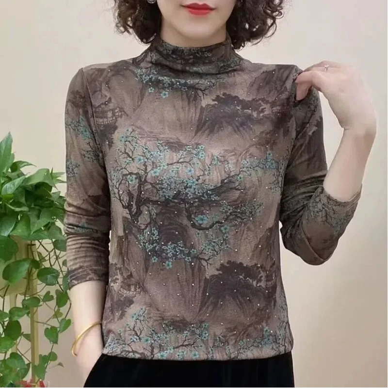 High-end Velvet Bottoming Shirt for Women New Style Semi-turtle Collar Feminine Warm Shirt Long-sleeved T-shirt Outer Top