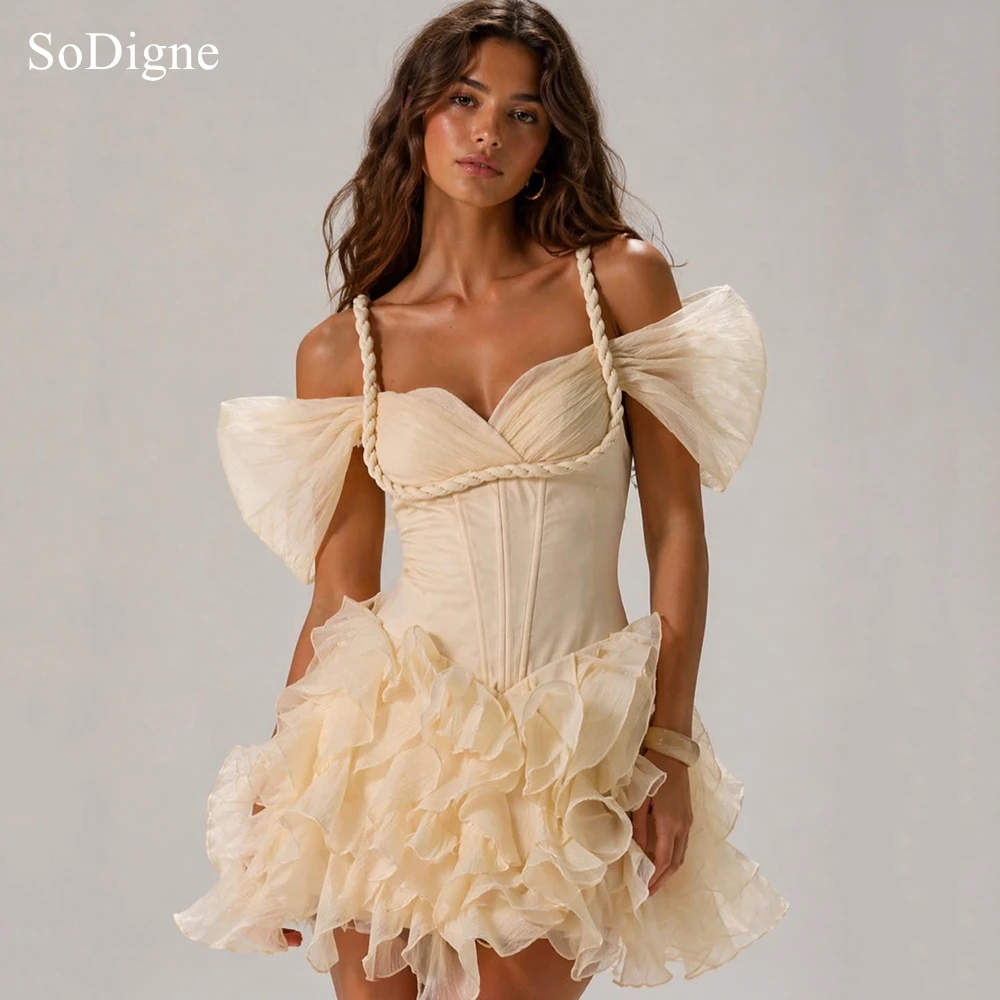 SoDigne Mini Pleated Evening Dress Sexy Low Cut-out Waist-Cinching Prom Dress Backless Tiered Ruched Party Gowns Customized