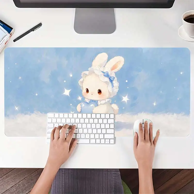 Cute Cartoon Rabbit Illustration Mouse Pad Girly Gaming Mousepad Stitched Edge XXL Non‑slip Rubber Desk Mat for PC Laptop Office