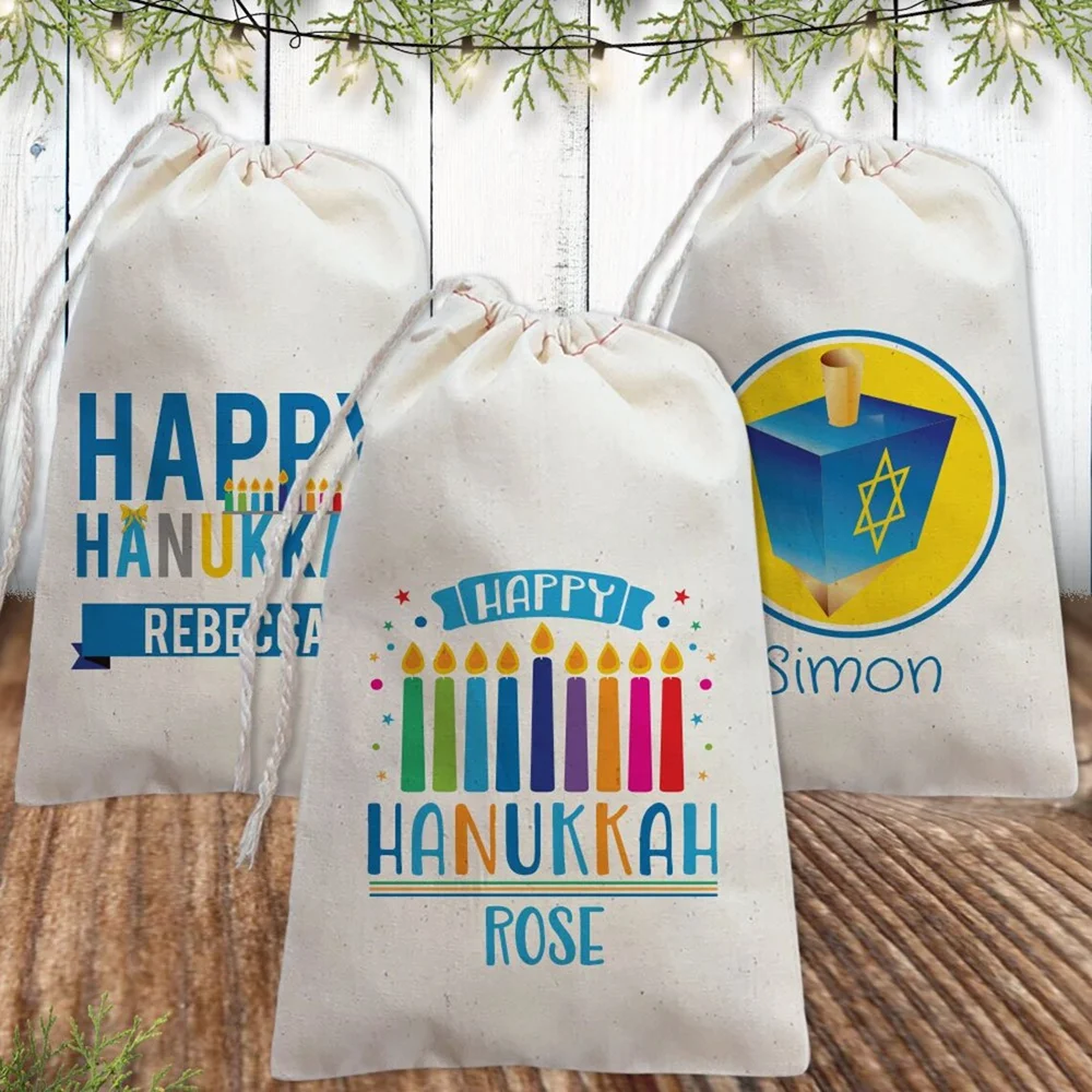 Personalized 3Pcs Happy Hanukkah Drawstring Gift Bags Dreidel Hanouka Jewish Party Favor Decorations Children's Snack Toy Bag