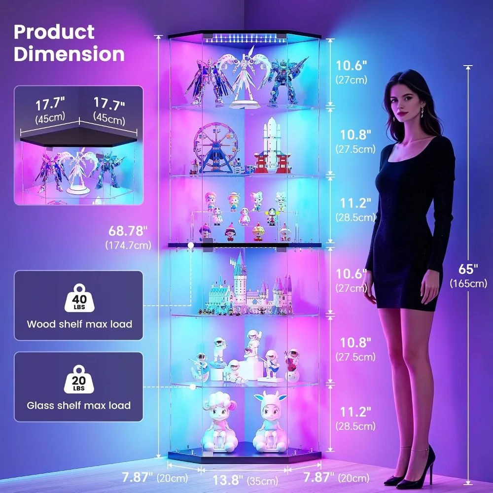 6-Tier Corner Display Cabinet Full Glass with RGB Light Black