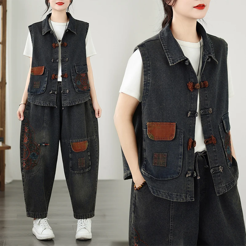 

plus Size Women's Embroidered Denim Jaet And Casual Pants Two-Piece Set Spring Summer New Sle Comfortable Artistic Commut...