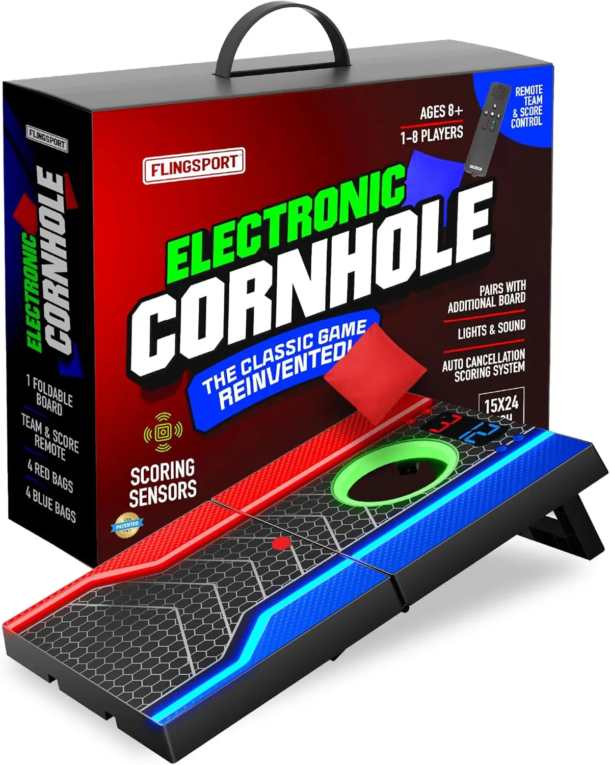 

Electronic Cornhole Board Set with Auto Scoring, 1 Board, 1 Remote & 8 Bean Bags for Outdoor Camping Games