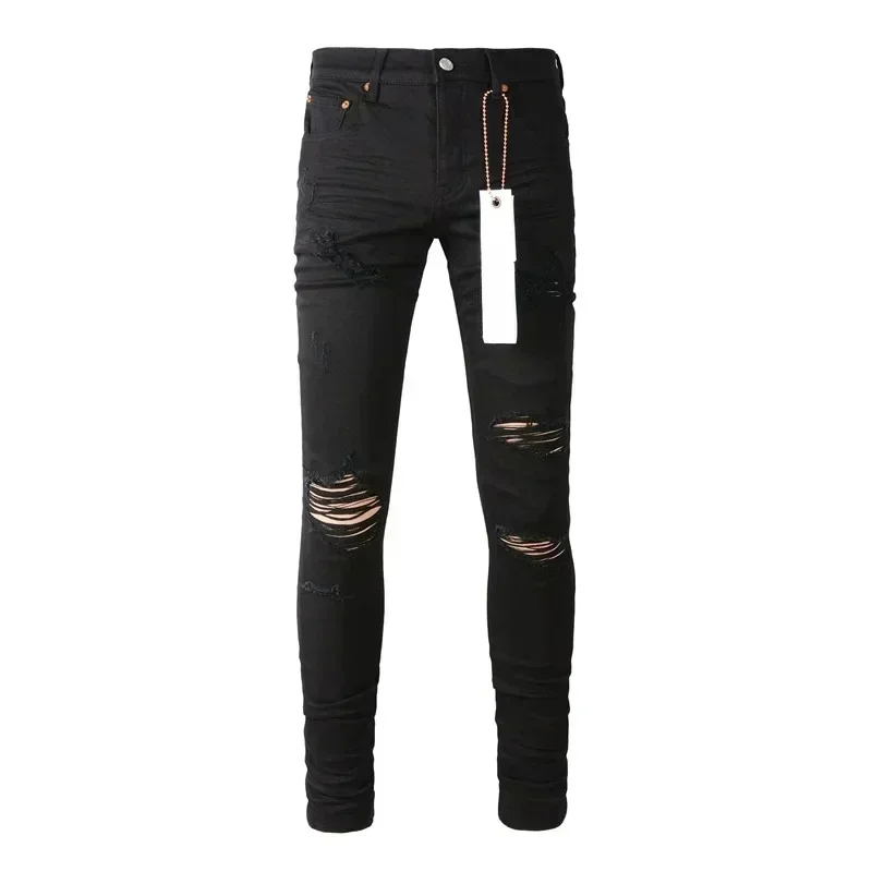 

High Street Purples Men Jeans Fashion Black distressed Fashion Top Quality Repair Low Rise Skinny Denim brands pants