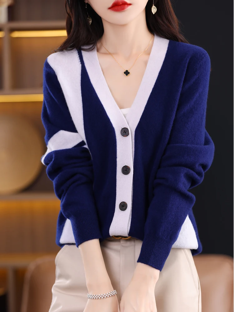 ADDONEE Women V-neck Cardigan Autumn Winter Cashmere Sweater Multicolor Basic Clothing 100% Merino Wool Knitwear Korean Style