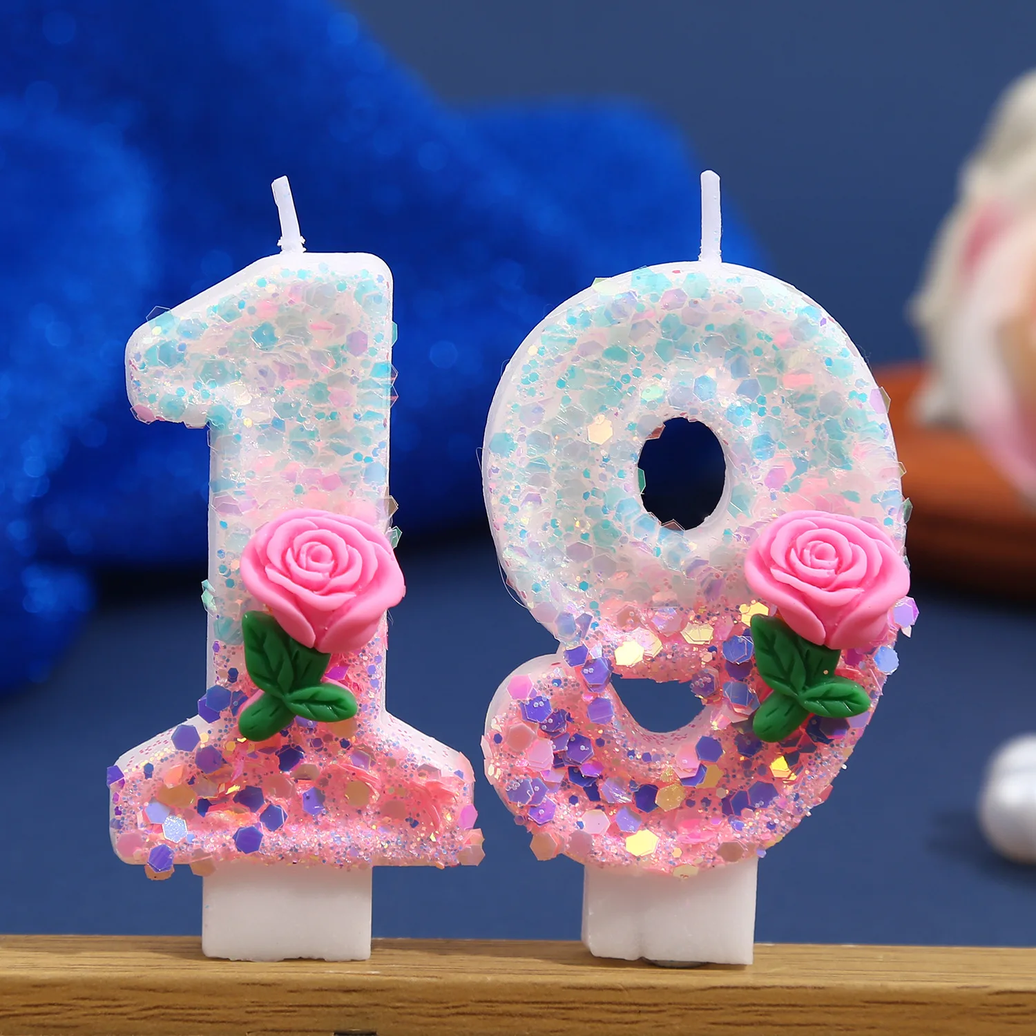 Pink Sequined 0-9 Number Candles, Handcrafted Pink Rose Birthday Candles Festive Party Atmosphere Decoration Dessert Cake Plugin