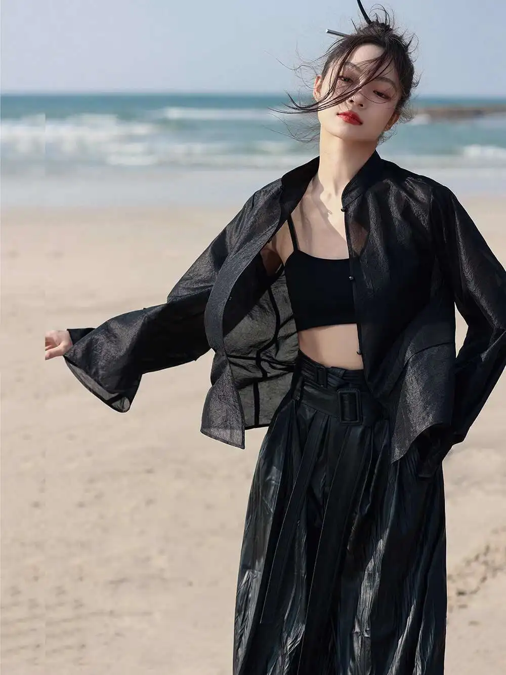 UMI MAO New Chinese Style Shirt Jacket For Women  SpringThin Retro Black Loose Translucent Ice Vinegar Silk Top Femme Y2K