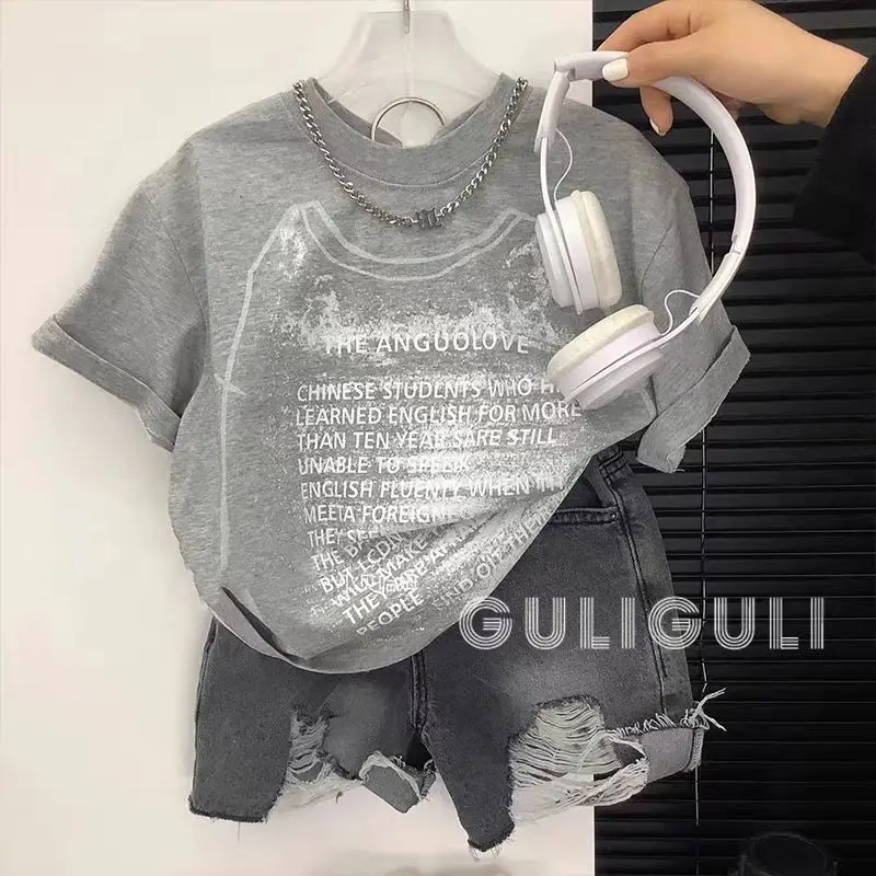 Boys' Sets T-shirt Denim Shorts Two Pieces 2024 Summer New Korean Trendy Cool Print Children's Street Top Denim Hole Shorts Set