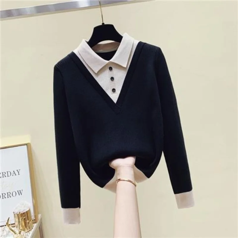 Spring and Autumn Fashion Casual POLO Collar Fake Two Piece Women\'s Sweater Reduced Age Long Sleeve Knitted Top