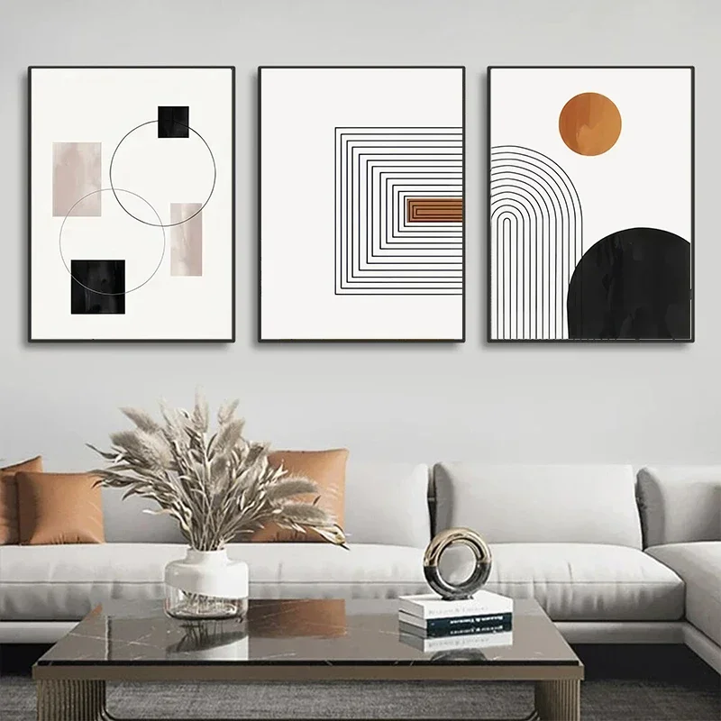 White Black Line Wall Art Canvas Painting Geometry Abstract Boho Posters and Print Pictures for Nordic Living Room Home Decor