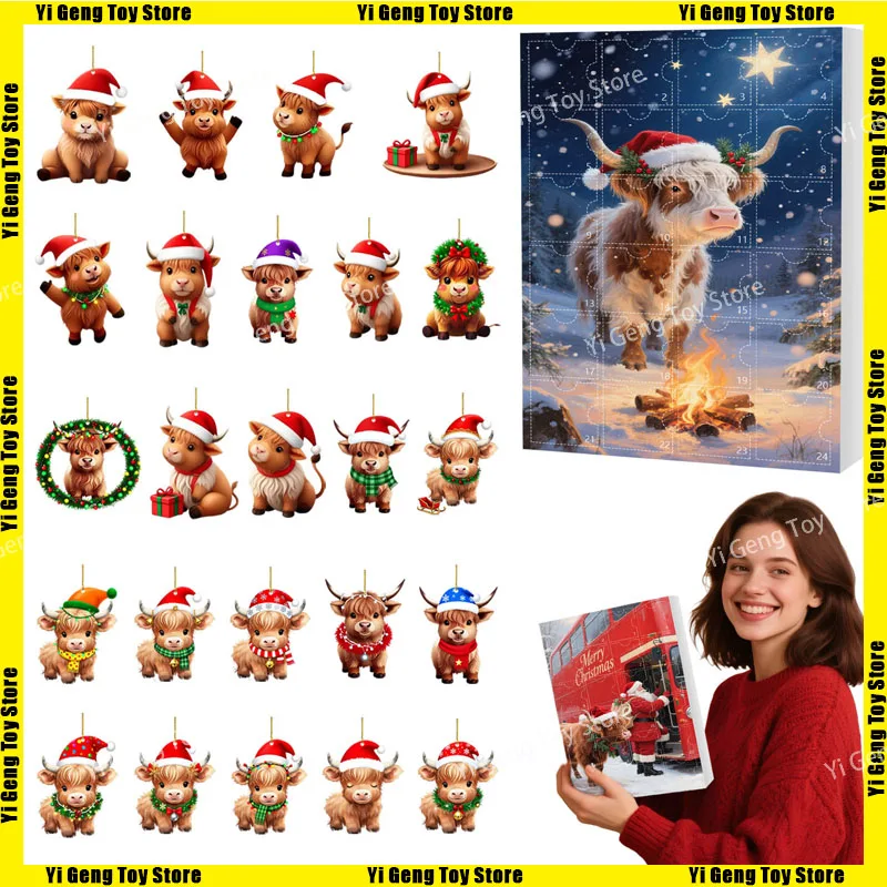 

Рождественский обратный отсчет 2025 года, 24 дня, 2D акриловая глухая коробка, Адвент-календарь, подвесные украшения для рождественской елки, игрушка в стиле крупного рогатого скота, подарок