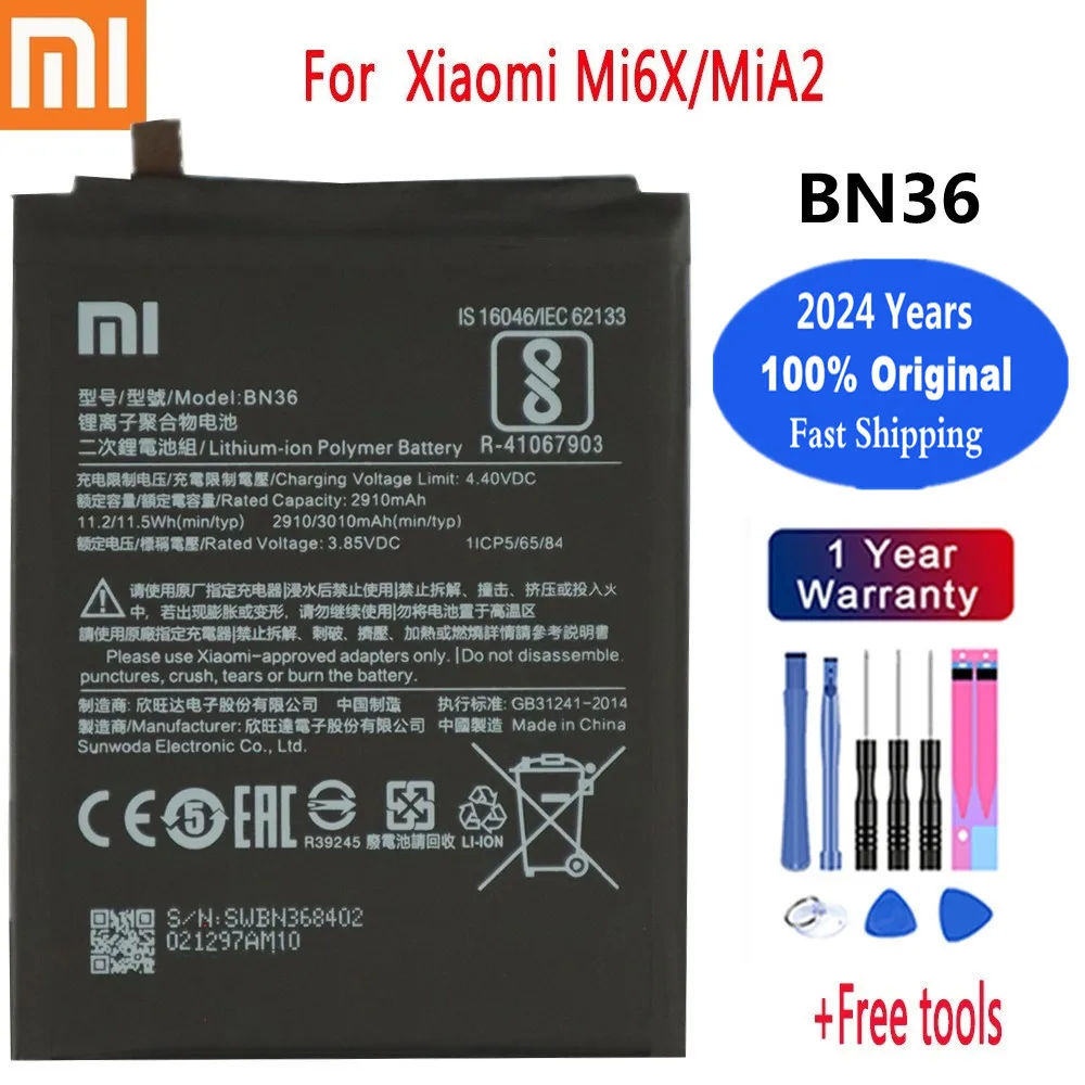 2024 anni BN36 Batteria originale per Xiaomi Mi 6X A2 Mi6X MiA2 3000mAh Batterie del telefono Bateria Spedizione veloce + Strumenti