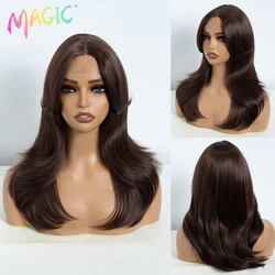 Magic Synthetic Lace Wig Long Straight Ombre Blonde Wig 20 Inch Brown Wigs For Women Heat Resistant Cosplay Lace Front Wigs