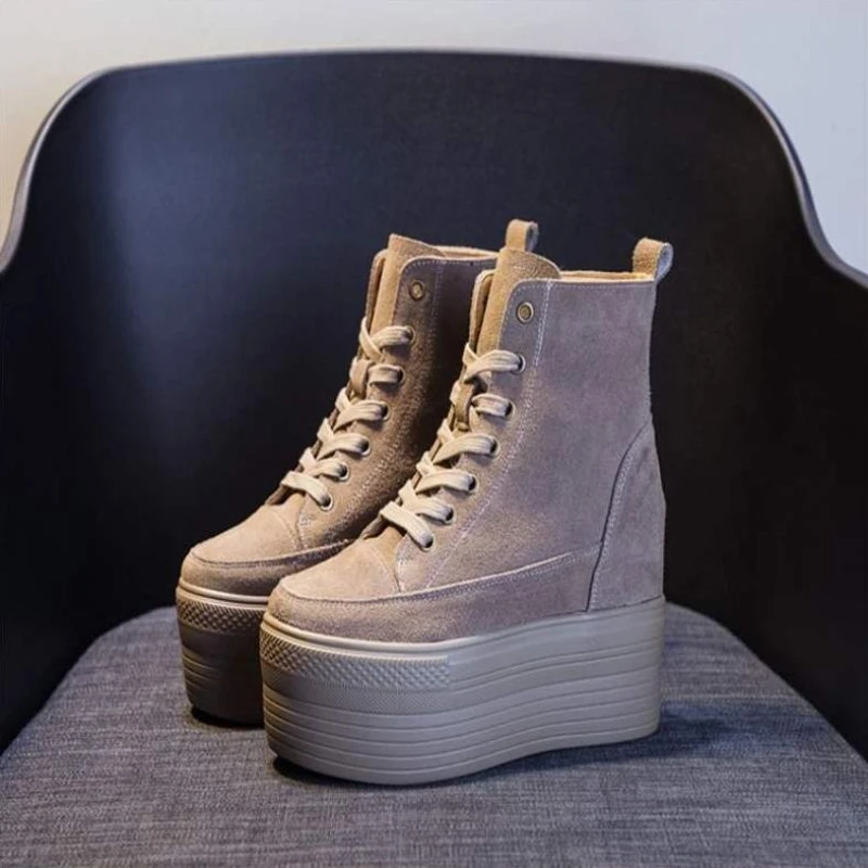 

12cm Genuine Leather Ankle Boots For Women Platform Shoes Fashion High Heels Ladies Ankle Boots Autumn Winter Warm Plush Shoes