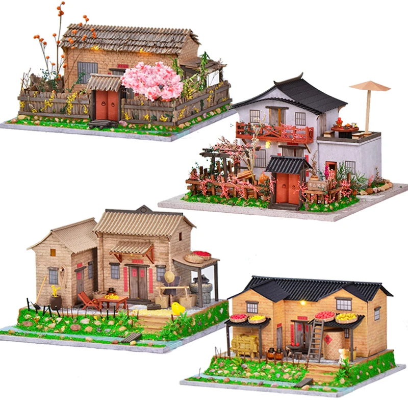 DIY Village Casa Wooden Miniature Building Kits Doll Houses with Furniture Light Dollhouse Assembly Villa Toy for Friends Gifts