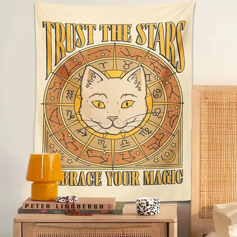 Retro Tarot Cat Tapestry Wall Hanging Trust The Stars Horoscope Astrology Witchcraft Bohemian Art Wall Home Dorm Room Room Decor