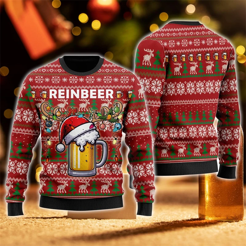 2026 New Fashion Beer Graphic Ugly Christmas Sweater Trendy Santa Claus 3D Printed Xmas Sweatshirts Casual Oversized Pullovers