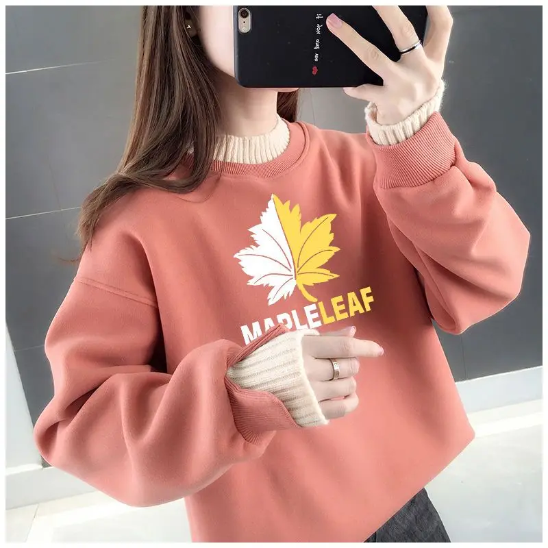 Autumn and Winter Women\'s Patchwork Fake Two Pieces Half High Collar Long Sleeve Printed Pullovers Fashion Casual Korean Tops